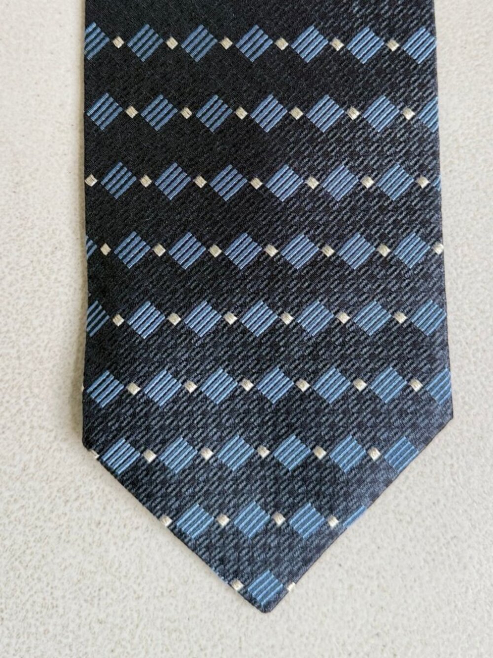 Vintage Diamond Pattern Jacquard Silk Tie 90s Geometric Gray/Blue Necktie Condi